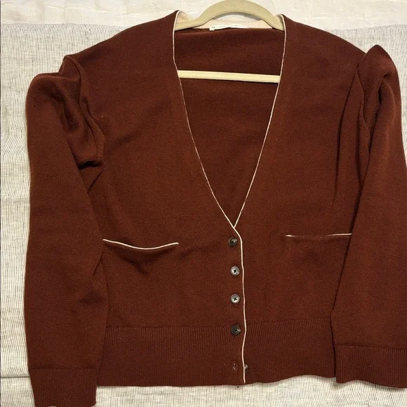 Everlane Brown V-Neck Cardigan with Contrast Trim - Picture 8 of 11